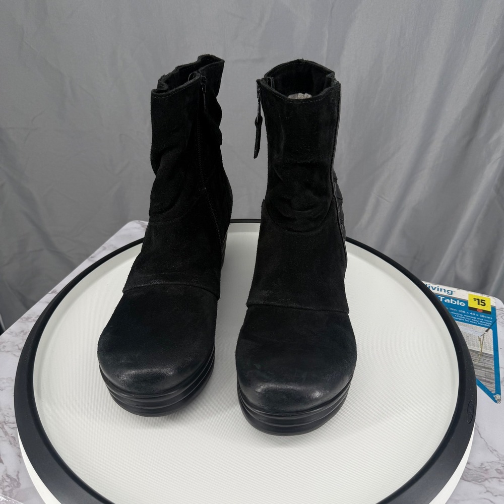 Miz Mooz Zola Ankle Boots 9.5/ 40 EU Black Leather Suede Wedge Platform Zipper - Picture 2 of 10